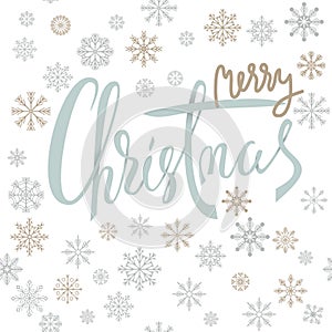 Merry Christmas silver lettering design with gold and white snowflakes on white background. EPS10