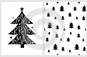 Merry Christmas. Simple Winter Holidays Vector Card and Seamless Pattern.
