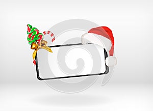 Merry Christmas smart phone mockup in horizontal orientation with santa claus hat, candy tree and cane isolated on white