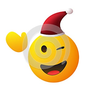 Merry Christmas! - Smiling and Winking Yellow Emoji with Red Santa Hat and Waving Hand - Simple Shiny Happy Emoticon