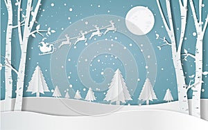 Merry christmas,Snow forest. pines in winter and mountain Paper vector Illustration