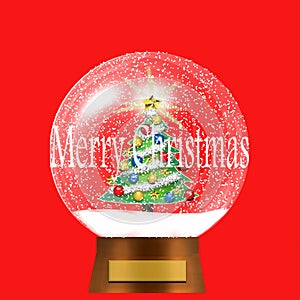 Merry Christmas snow globe with decorated Christmas tree