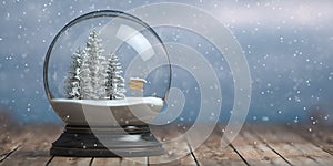 Merry Christmas snow globe with fri trees on winter snowfall background