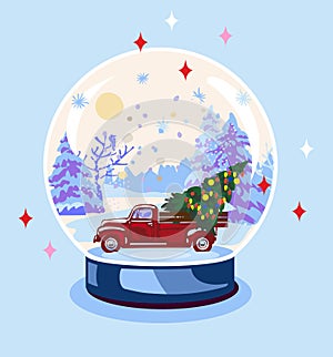 Merry christmas snow globe glass ball. Retro red pickup truck with christmas tree and gifts, snowy forest, winter