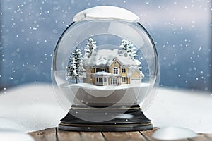 Merry christmas snow globe with a house on snowfall winter background