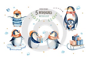 Merry christmas snowflakes and penguins. Hand drawn illustration