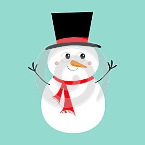 Merry Christmas. Snowman icon. Carrot nose, black hat. Happy New Year. Cute cartoon funny kawaii character. Greeting card.