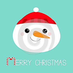 Merry Christmas. Snowman round face head icon. Carrot nose, red hat. Cute cartoon funny kawaii character. Happy New Year. Blue