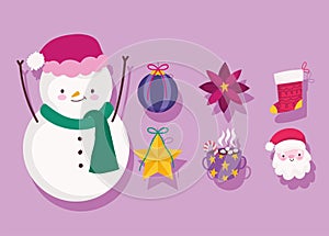 Merry christmas, snowman santa flower ball and star decoration and ornament season icons