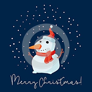 Merry Christmas. Snowman smiling in Christmas snow scene card template. vector illustration