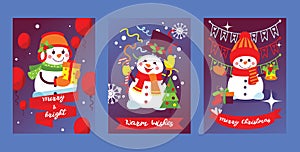 Merry Christmas snowman vector New year greeting card with santa snow-man character Xmas tree and gifts background