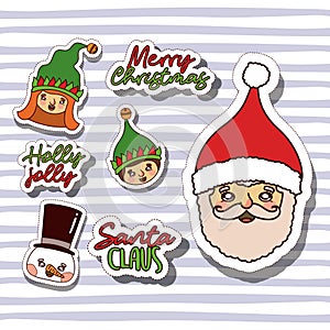 Merry christmas with stickers faces of gnomes snowman and santa claus with background color lines
