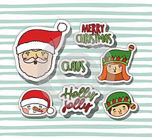 Merry christmas with stickers faces of santa claus gnomes and snowman with background color lines