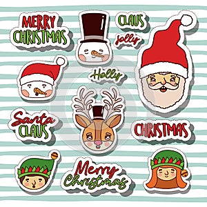 Merry christmas with stickers faces of snowman and gnomes and santa claus and reindeer with background color lines