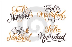 Merry Christmas Stroke Spanish Calligraphy. Greeting Card Orange and Brown Typography on White Background. Hand Drawn Calligraphy