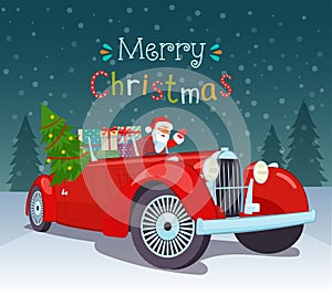 Merry Christmas stylized typography. Vintage red cabriolet with santa claus, christmas tree and gift boxes. Vector flat style