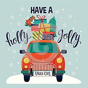 Merry christmas stylized typography. Vintage red car with christmas tree and gift boxes. Vector flat style illustration.