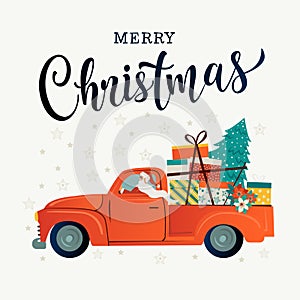 Merry christmas stylized typography. Vintage red car santa claus christmas tree and gift boxes. Vector flat style
