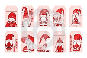 Merry Christmas tags collection with cute hand drawn gnomes, Christmas trees and letterings isolated on white background.