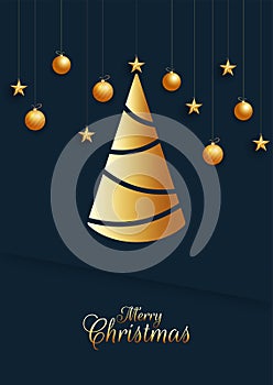 Merry Christmas Template Design with Creative Golden Xmas Tree, Stars and Hanging Baubles