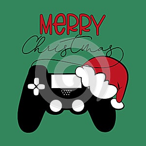 Merry Christmas - text, with controller and Sana`s cap, on green background.