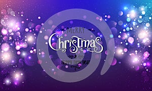 Merry Christmas Text on dark glitter background with Xmas decorations glowing garlands, light, stars, bokeh. Merry Christmas card