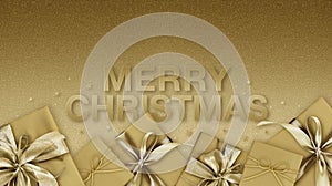 Merry Christmas text and gift box with shiny golden ribbon bow isolated on gold sparkle texture background with stars, greeting