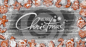 Merry Christmas text and gingerbread cookies on old rusty wooden table with flour. Cartoon hand drawn vector illustration