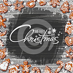 Merry Christmas text and gingerbread cookies on old rusty wooden table with flour. Cartoon hand drawn vector illustration