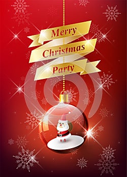 Merry Christmas text on gold ribbon with Santa Claus in Christmas ball, Hanging Christmas ball on red snowflake background, vector