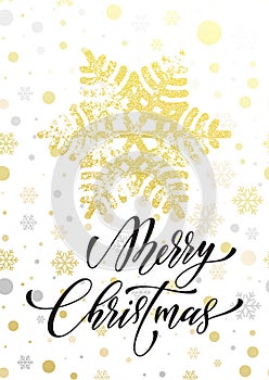 Merry Christmas text with golden glitter snowflake pattern