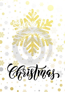 Merry Christmas text with golden glitter snowflake pattern