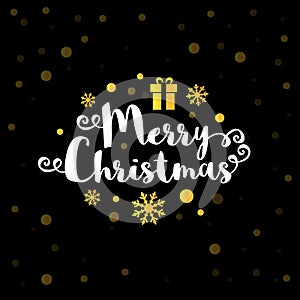 Merry Christmas text with golden snowflakes, present. Vector illustration