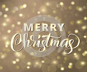Merry Christmas text. Holiday greetings quote. Golden glowing sparkling lights background, bokeh effect.