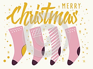 Merry Christmas text lettering card design with stockings and decoration. Colorful flat vector