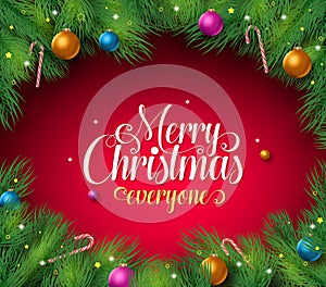 Merry christmas text in a red background with pine leaves boarder and frame photo