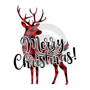 Merry Christmas - text with Red and black tartan plaid scottish buffalo Pattern.