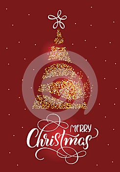 Merry Christmas text on on red holiday background with stilized fir tree and stars. Hand drawn Calligraphy lettering