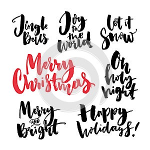 Merry Christmas text and seasonal greetings. Handwritten brush calligraphy words for greeting cards and gift tags