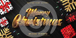 Merry Christmas text, shiny gold christmas style editable text effect