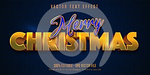 Merry Christmas text, shiny golden style editable text effect on blue color textured background