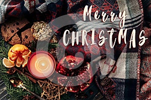 Merry christmas text sign on stylish christmas flat lay with can