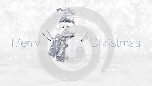 Merry Christmas text and snowman isolated on snowing background, white Christmas concept template for greeting gift card or