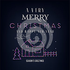 Merry Christmas text, template design letter template, Christmas lights. Bright glowing banner, neon lights, night congratulation.