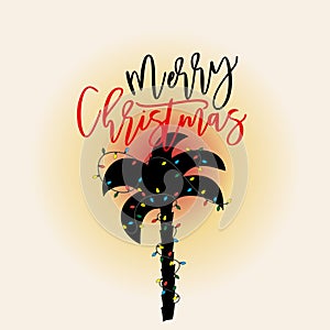 Merry Christmas text, with tropical palm silhouette in sunset.