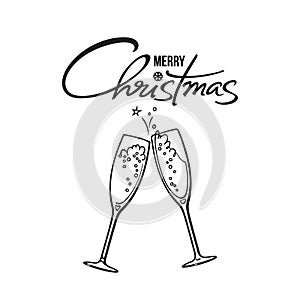 Merry Christmas text. Two glasses of champagne. Retro style vector illustration.