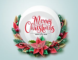 Merry christmas text vector background. Christmas greeting typography in circle frame space