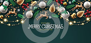 Merry christmas text vector background design. Christmas elements decorations like snowman, holly berry, xmas balls and lights
