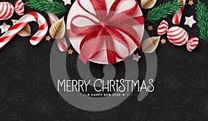 Merry christmas text vector background design. Christmas gift and xmas ornaments in elegant pattern space