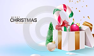 Merry christmas text vector design. Christmas candy cane and xmas balls ornaments